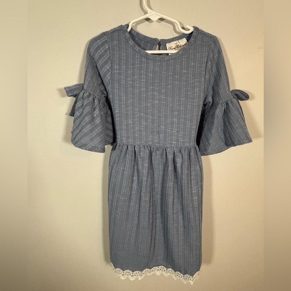 Rare Editions Girls Dress Size 5 Blue Knit Bell Sleeve Lace Hem Casual